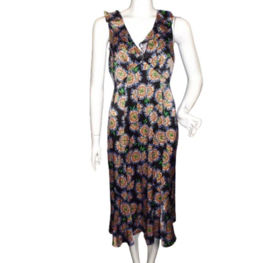 SALONI Dress, US8, Silk, Bold Abstract Floral, Midi, Ruffle Neckline, Sleeveless
